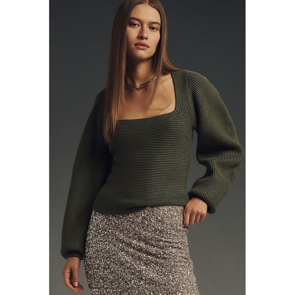 Maeve Green Square Neck Wide-Sleeve Sweater XXS